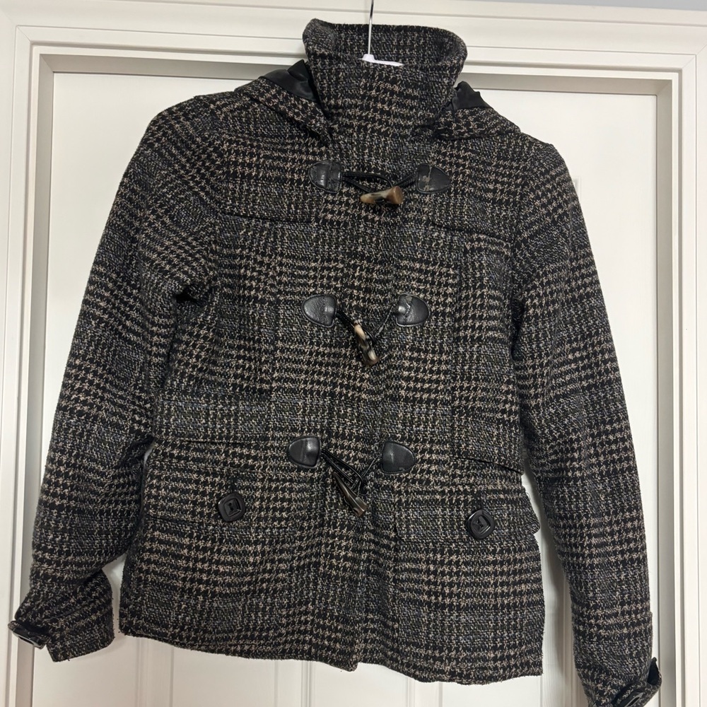 Celebrity Pink Black and Brown Plaid Pea Coat